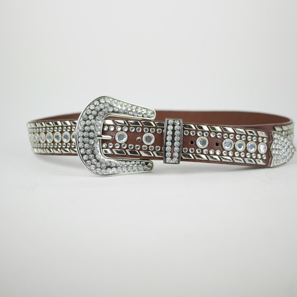 LUXURY DIVAS Women\'s M - Brown jeweled & studded leather belt silver buckle 1.5\
